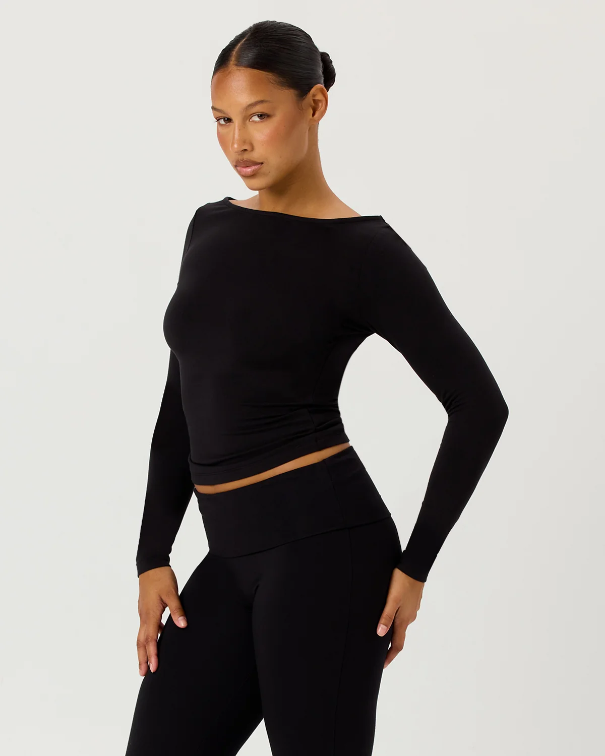 Boat Neck Long Sleeve Top | Black - Image 3