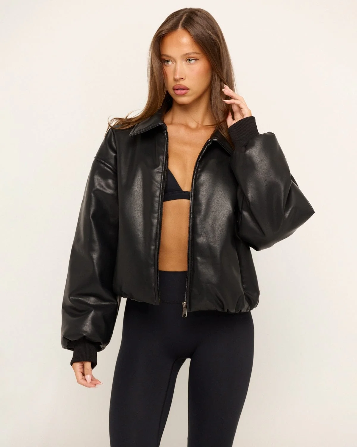 Faux Leather Bomber Jacket | Black - Image 3