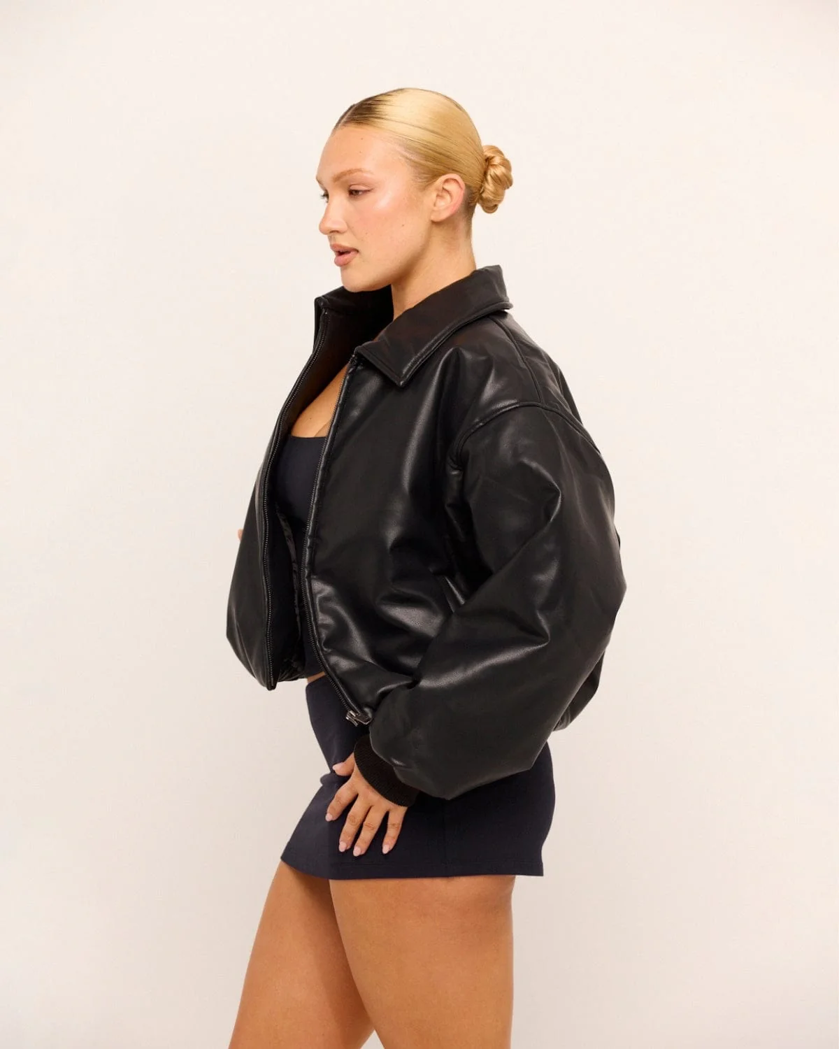 Faux Leather Bomber Jacket | Black - Image 6